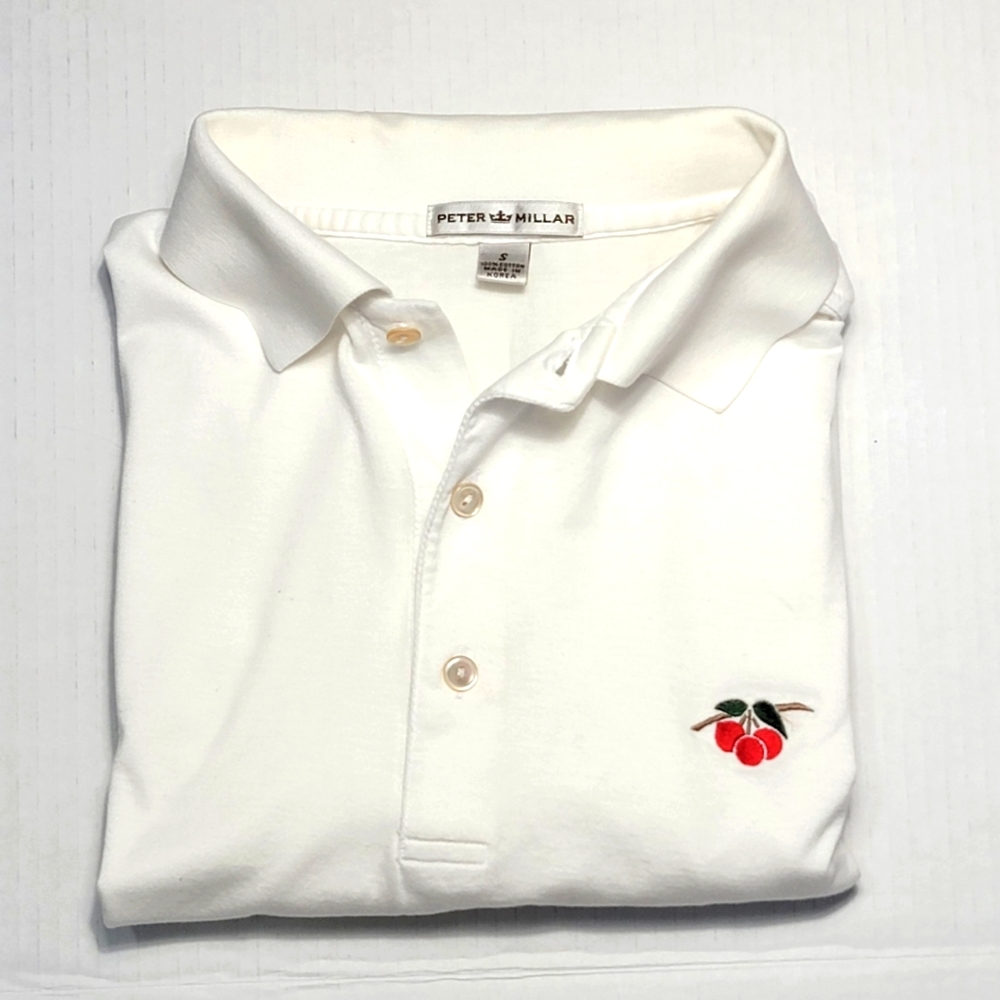 Peter Millar Premium White Golf Polo W/ Cherry Embroidery on Chest Size S